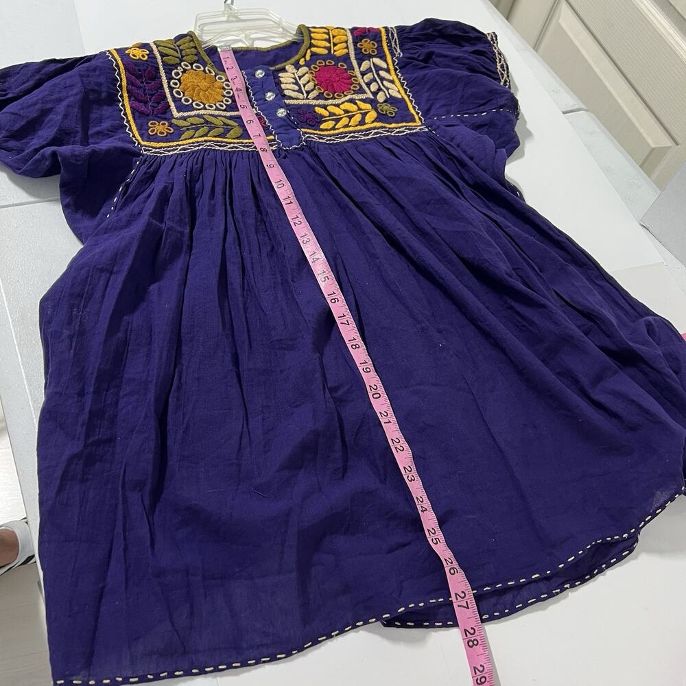 Handmade Folk Mexican Embroidered Blouse Large Purple Floral Top Pleated - Picture 9 of 10